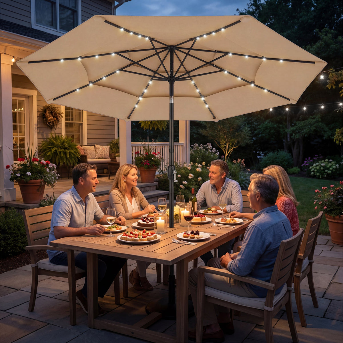 2.8 m Garden Parasol with Solar LED Light, Cover and 3-Tier Top, Khaki
