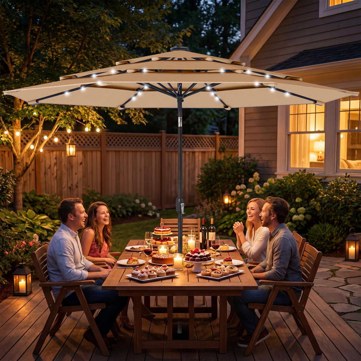 2.8 m Garden Parasol with Solar LED Light, Cover and 3-Tier Top, Khaki