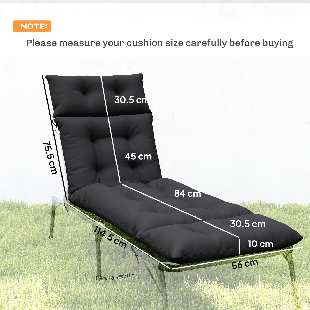 190x56x10cm Sun Lounger Cushions Set of 2 for Loungers, 220gsm UPF20+ Black