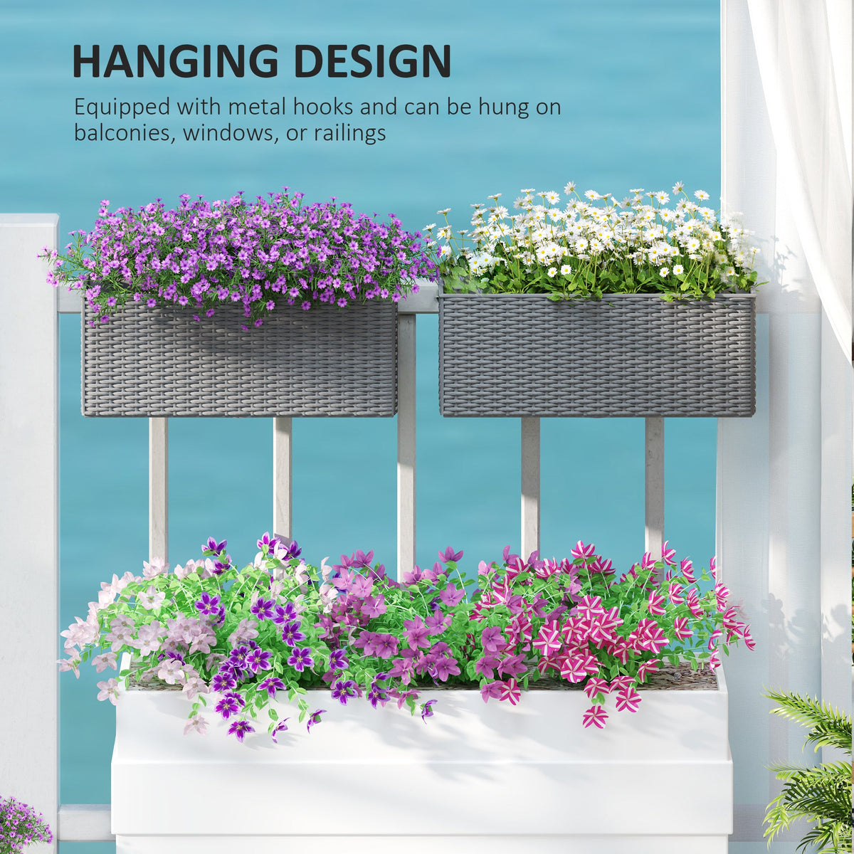 2 Pack 20" Railing Planter Boxes with Hooks and Drainage, Grey
