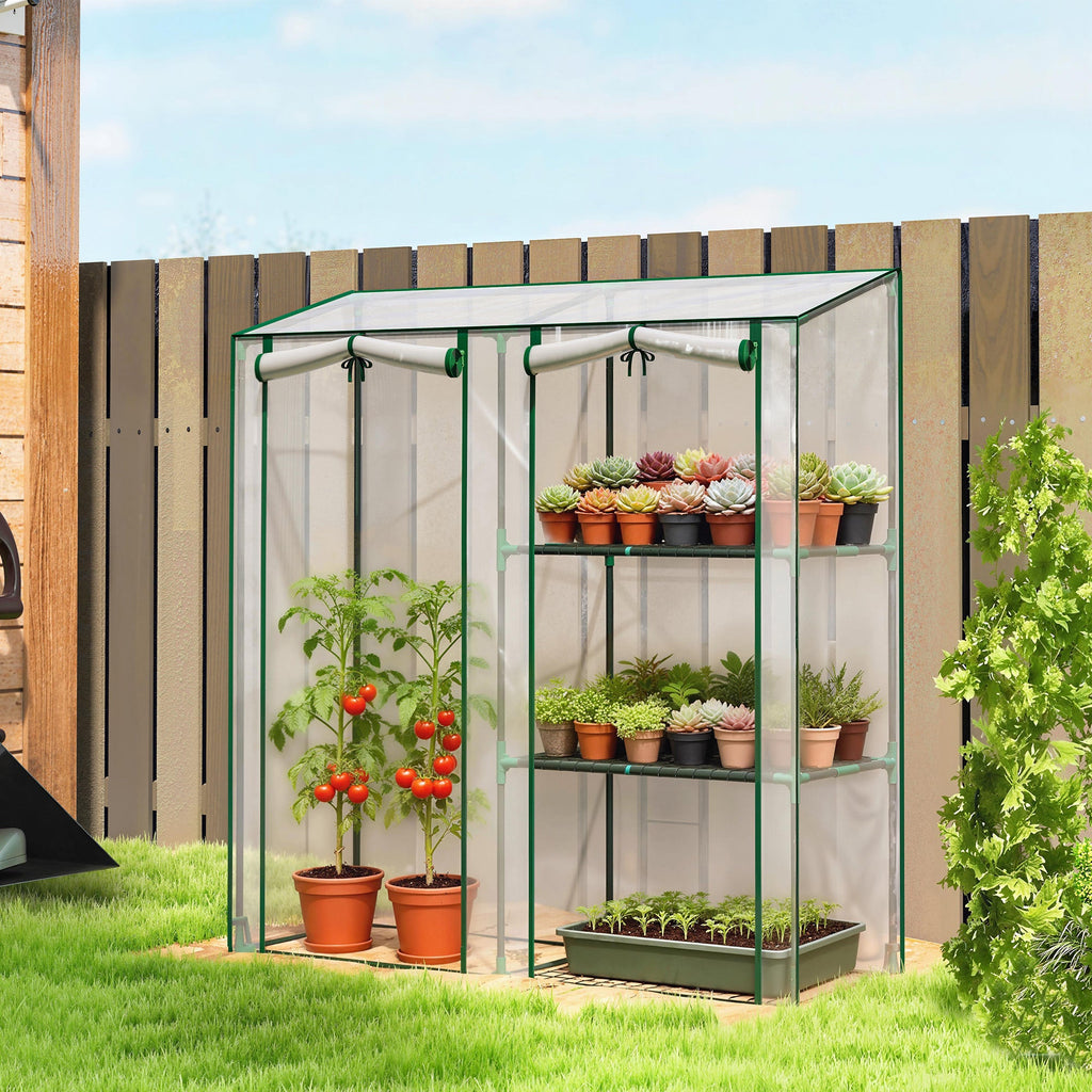 Mini Greenhouse with 3 Shelves and 2 Roll-up Doors, 56.3" x 17.7" x 59.4"