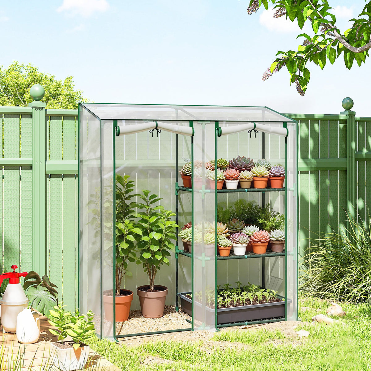 Mini Greenhouse with 3 Shelves and 2 Roll-up Doors, 56.3" x 17.7" x 59.4"