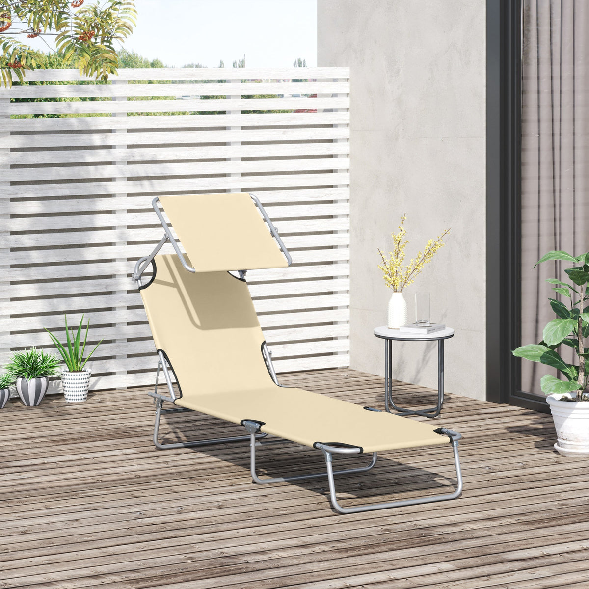 Adjustable Folding Lounge Chair with Sun Shade, Beige
