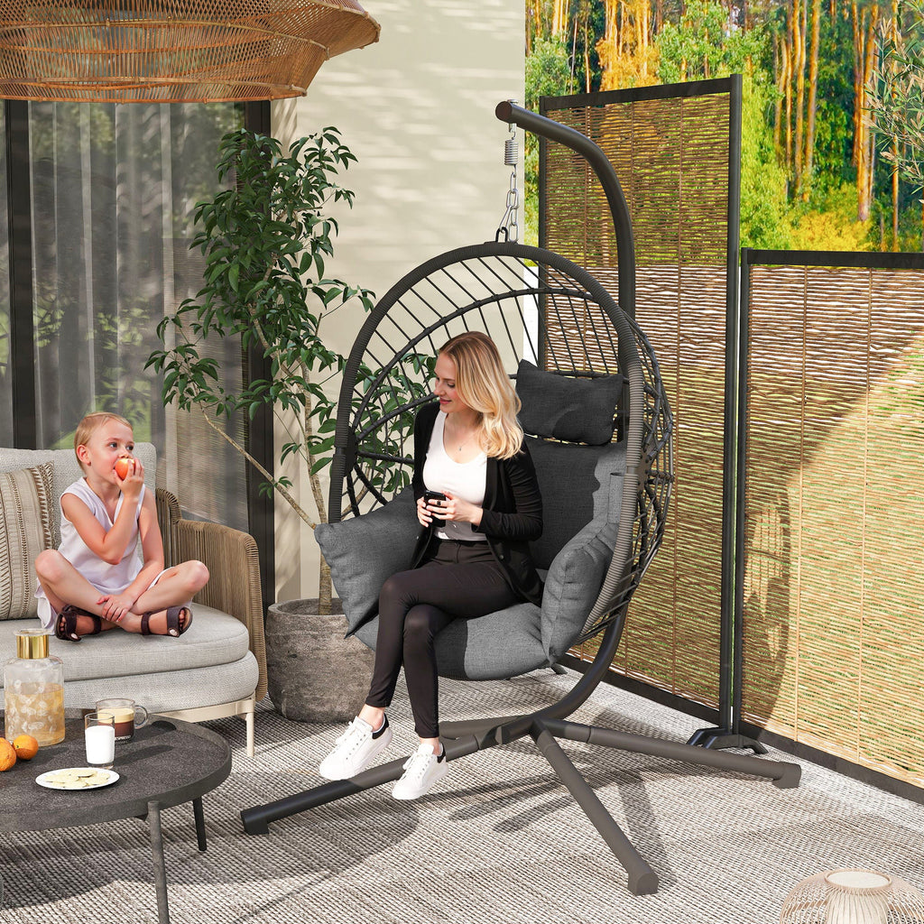 Hanging Egg Chair with Stand, Thick Cushion and Cup Holder, Grey