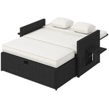 Rattan Garden Daybed with Ottoman, Retractable Trays & Cushions, Cream White