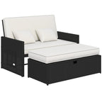 Rattan Garden Daybed with Ottoman, Retractable Trays & Cushions, Cream White