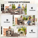 5-Piece Wicker Patio Set with Ottomans & 2-Tier Glass Coffee Table, Brown/Cream