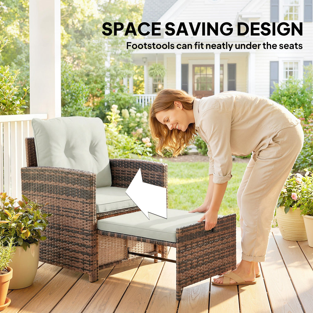 5-Piece Wicker Patio Set with Ottomans & 2-Tier Glass Coffee Table, Brown/Cream