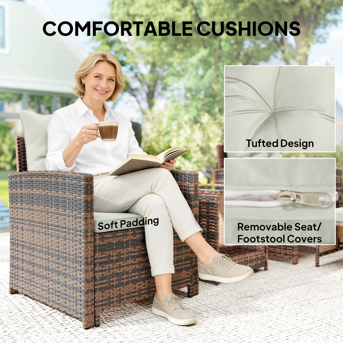 5-Piece Wicker Patio Set with Ottomans & 2-Tier Glass Coffee Table, Brown/Cream