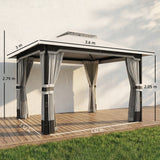 3 x 3.6 m Garden Gazebo with Double Roof, Netting & Curtains, Light Grey