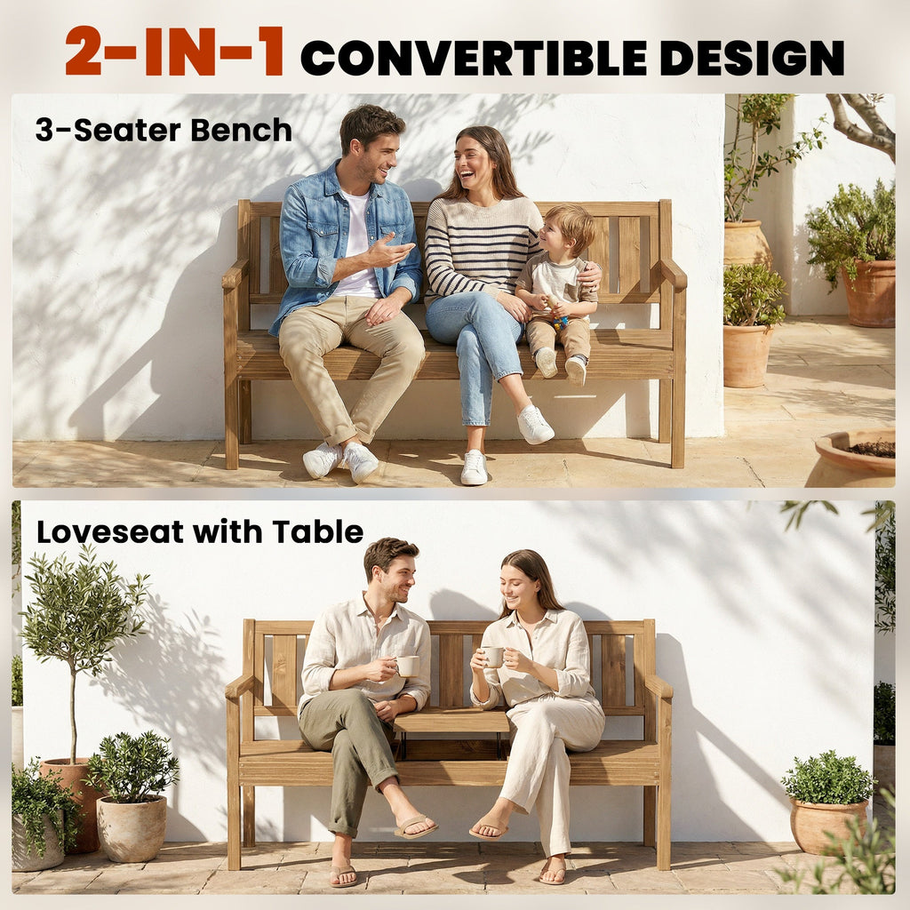 2-3 Seater Wooden Garden Loveseat with Liftable Table, Teak