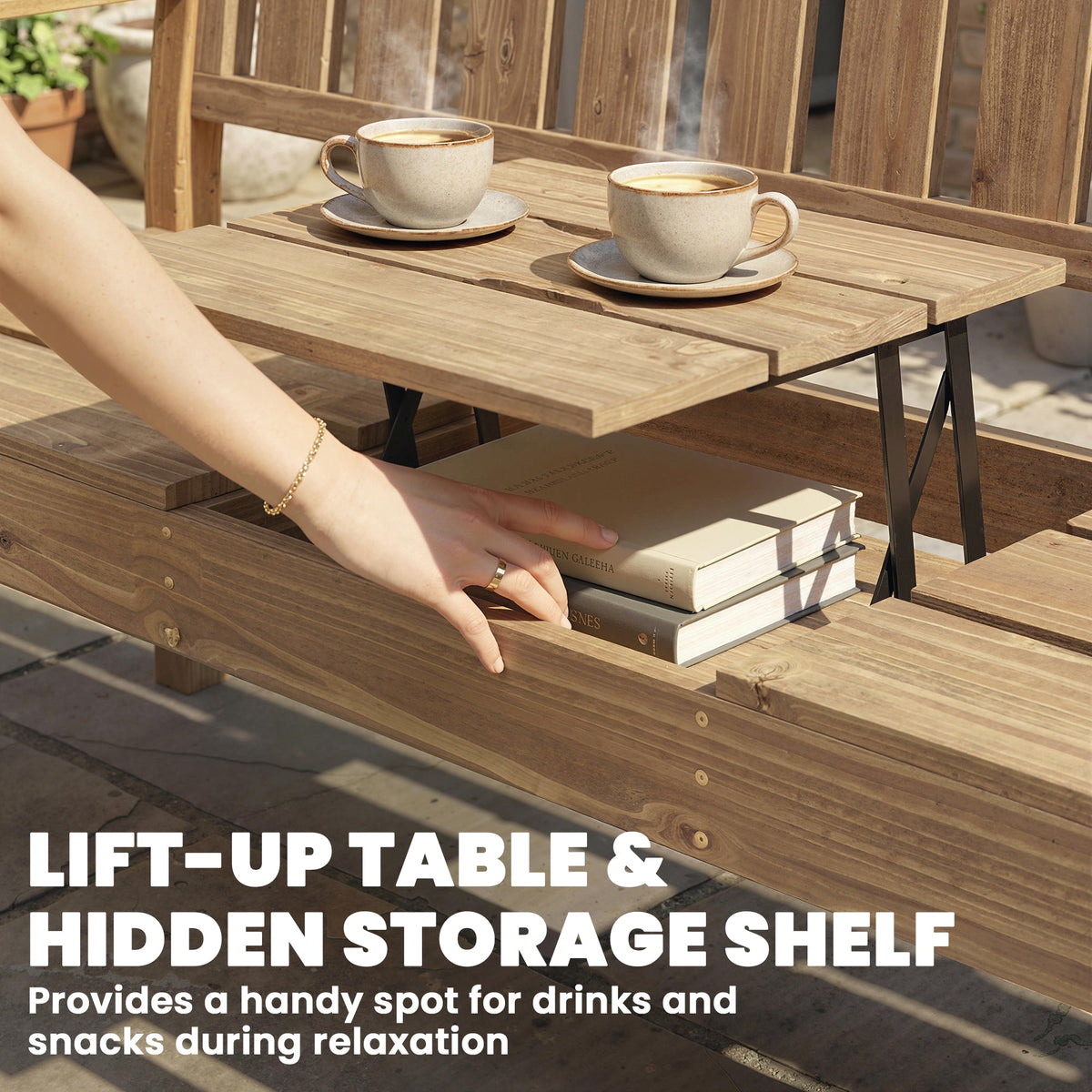 2-3 Seater Wooden Garden Loveseat with Liftable Table, Teak