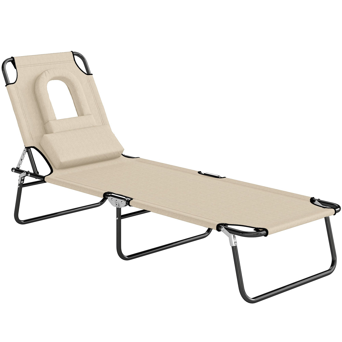 Folding Outdoor Lounge Chair with Face Hole and Pillow, Beige