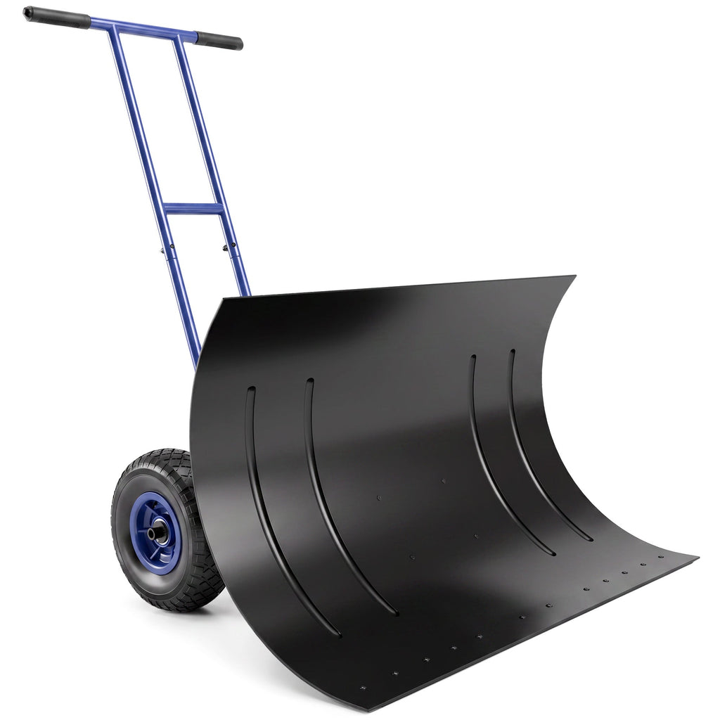 Heavy-Duty Metal Snow Pusher with Wheels, Adjustable Handle, 29" x 18" Blue