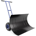 Heavy-Duty Metal Snow Pusher with Wheels, Adjustable Handle, 29" x 18" Blue