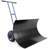 Heavy-Duty Metal Snow Pusher with Wheels, Adjustable Handle, 29" x 18" Blue