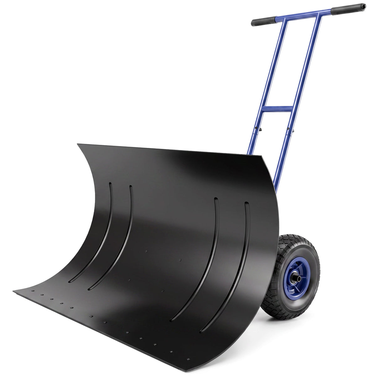 Heavy-Duty Metal Snow Pusher with Wheels, Adjustable Handle, 29" x 18" Blue
