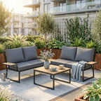 4 Seater Rattan Corner Sofa Set with 2 Nesting Tables, Teak