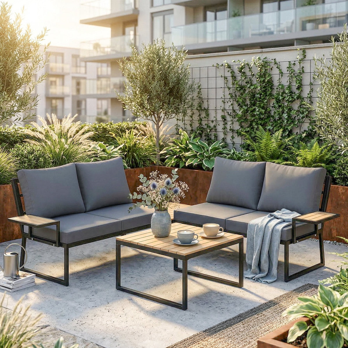 4 Seater Rattan Corner Sofa Set with 2 Nesting Tables, Teak