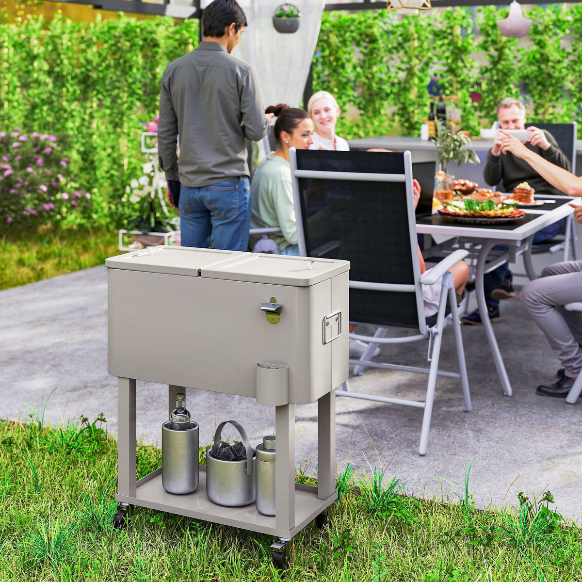 60 Quart Rolling Patio Cooler Cart with Shelf and Bottle Opener, Silver