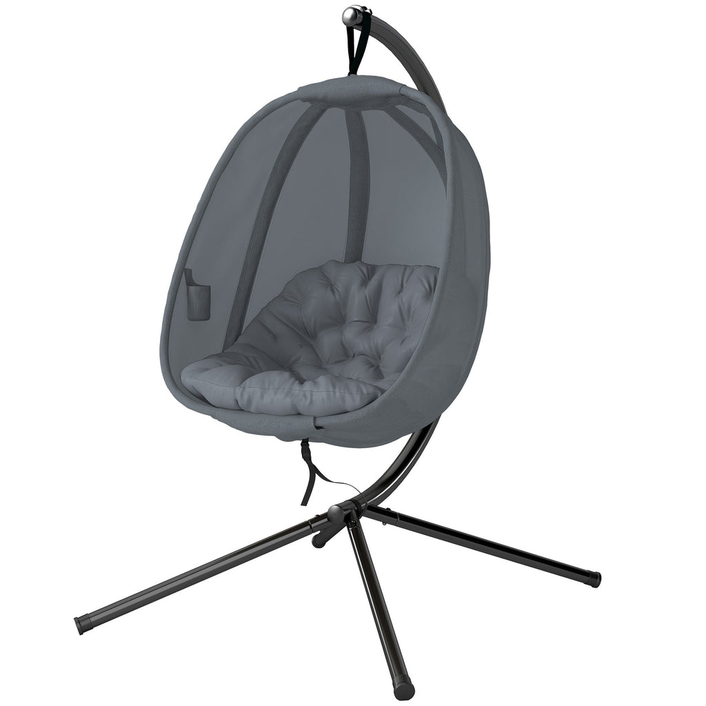Hanging Egg Chair, Outdoor Indoor Swing Chair with Stand, Folding Basket and Thickened Cushion for Patio, Garden, Balcony, Grey