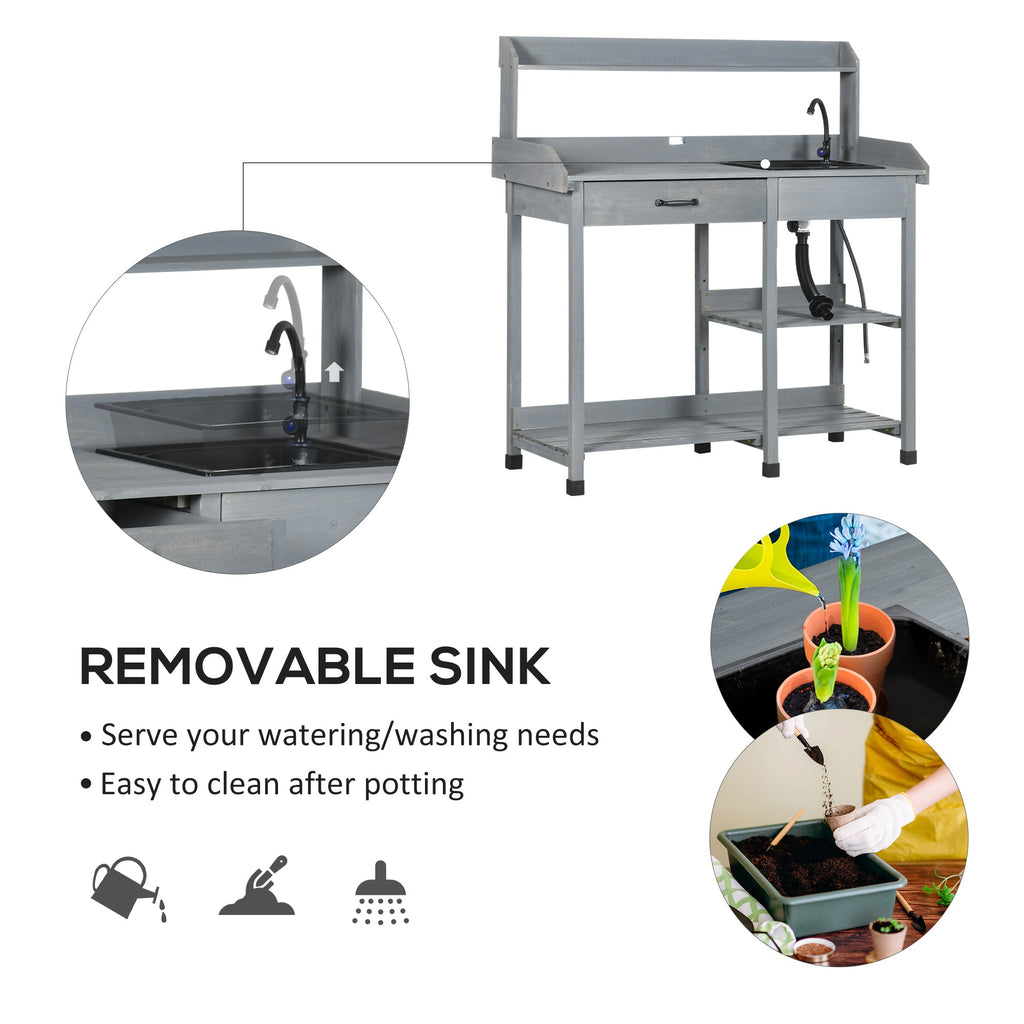 Potting Bench Table with Drawer, Removable Sink, Shelves and Hooks
