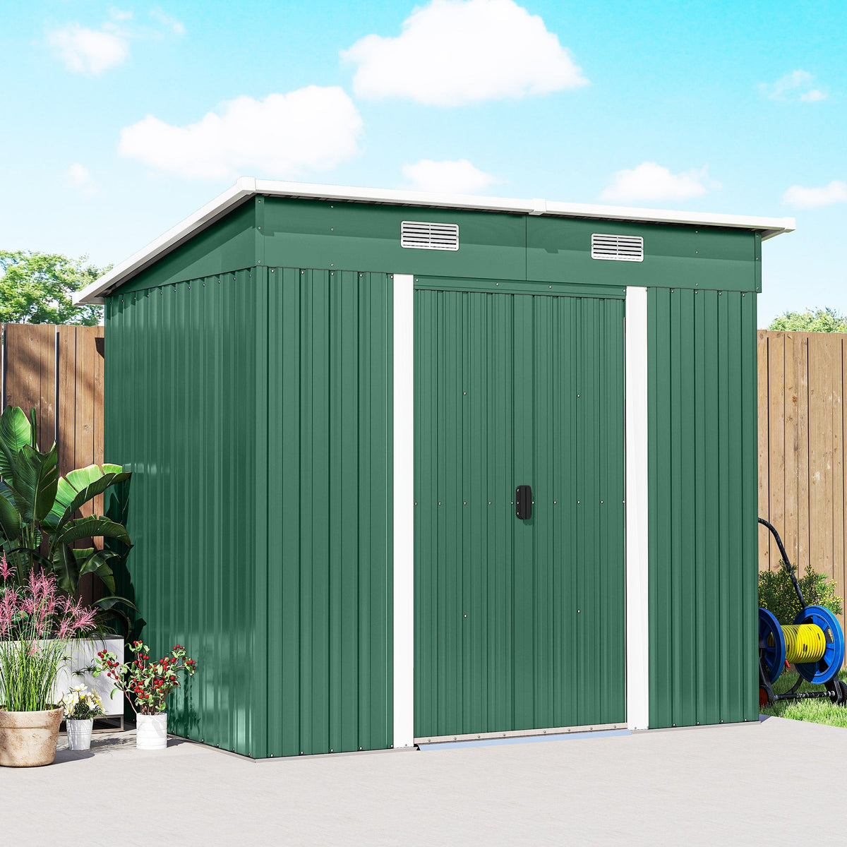 7' x 4' Outdoor Storage Shed with Lockable Double Doors, Green