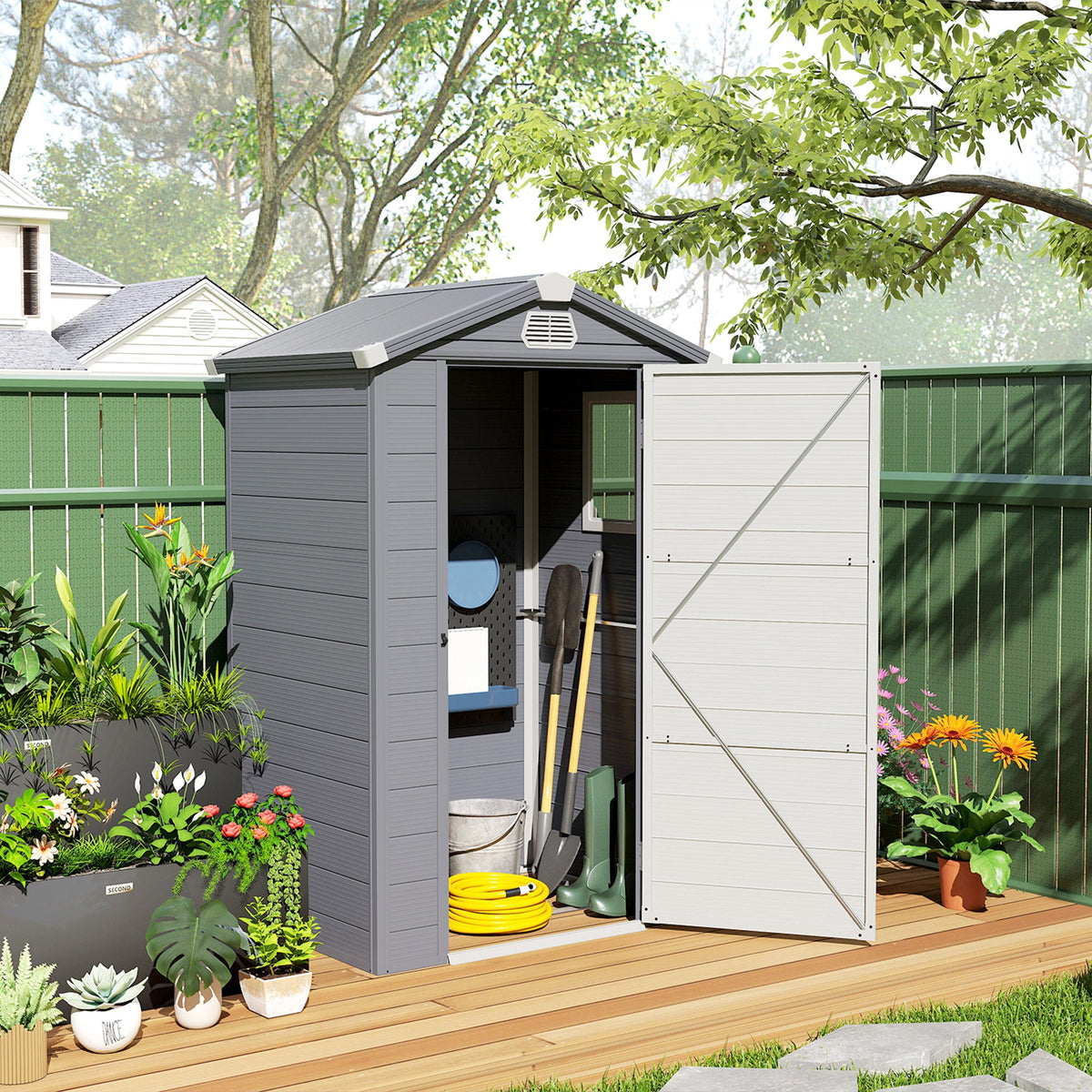 4.4' x 3.3' Garden Storage Shed with Aluminum Frame, Latched Door & Air Vents, Grey