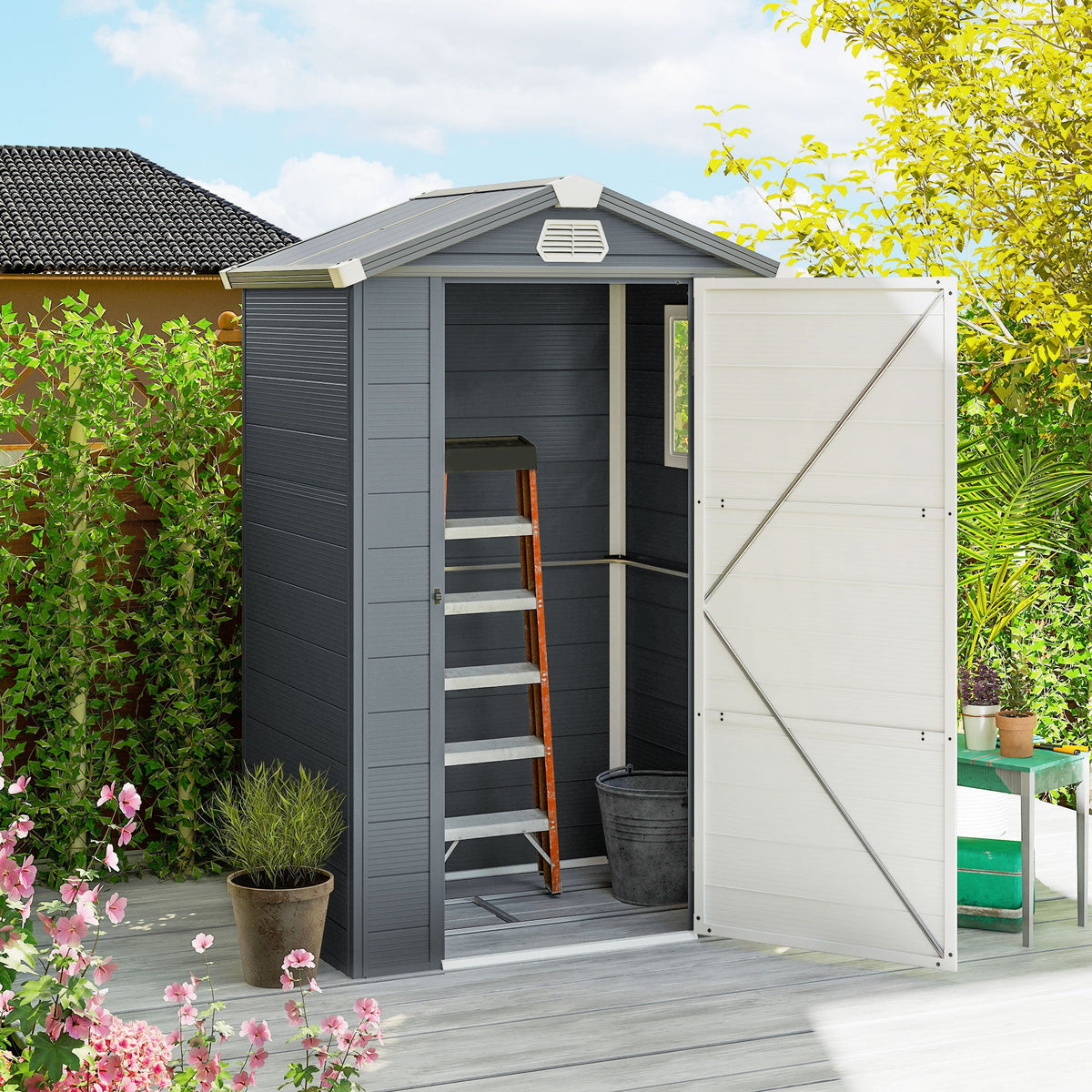 4.4' x 3.3' Garden Storage Shed with Aluminum Frame, Latched Door & Air Vents, Grey