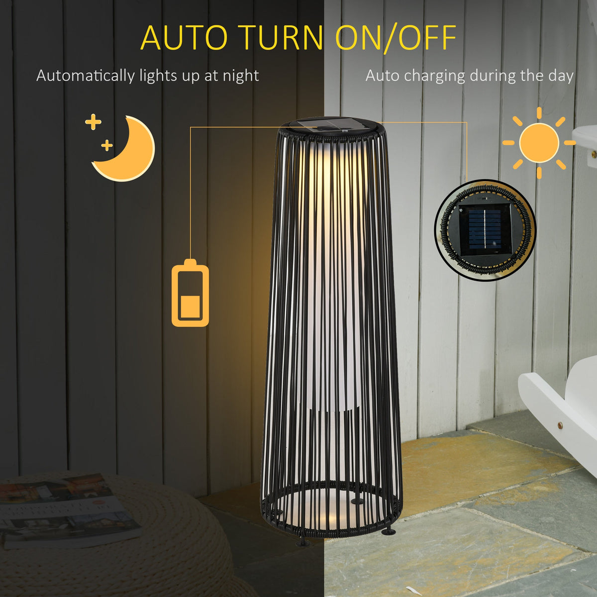 24" Wicker Solar Floor Lamp with Auto On/Off LED Lights, Black