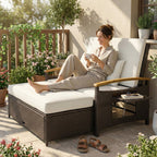 Rattan Daybed with Adjustable Backrest, Storage Ottoman, Beige