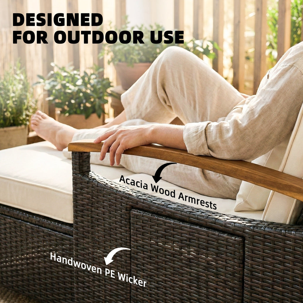 Rattan Daybed with Adjustable Backrest, Storage Ottoman, Beige