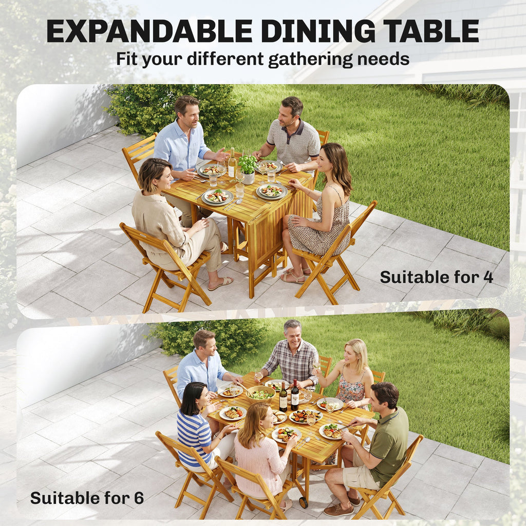 7-Piece Extending Acacia Dining Set with 6 Folding Chairs & Umbrella, Natural