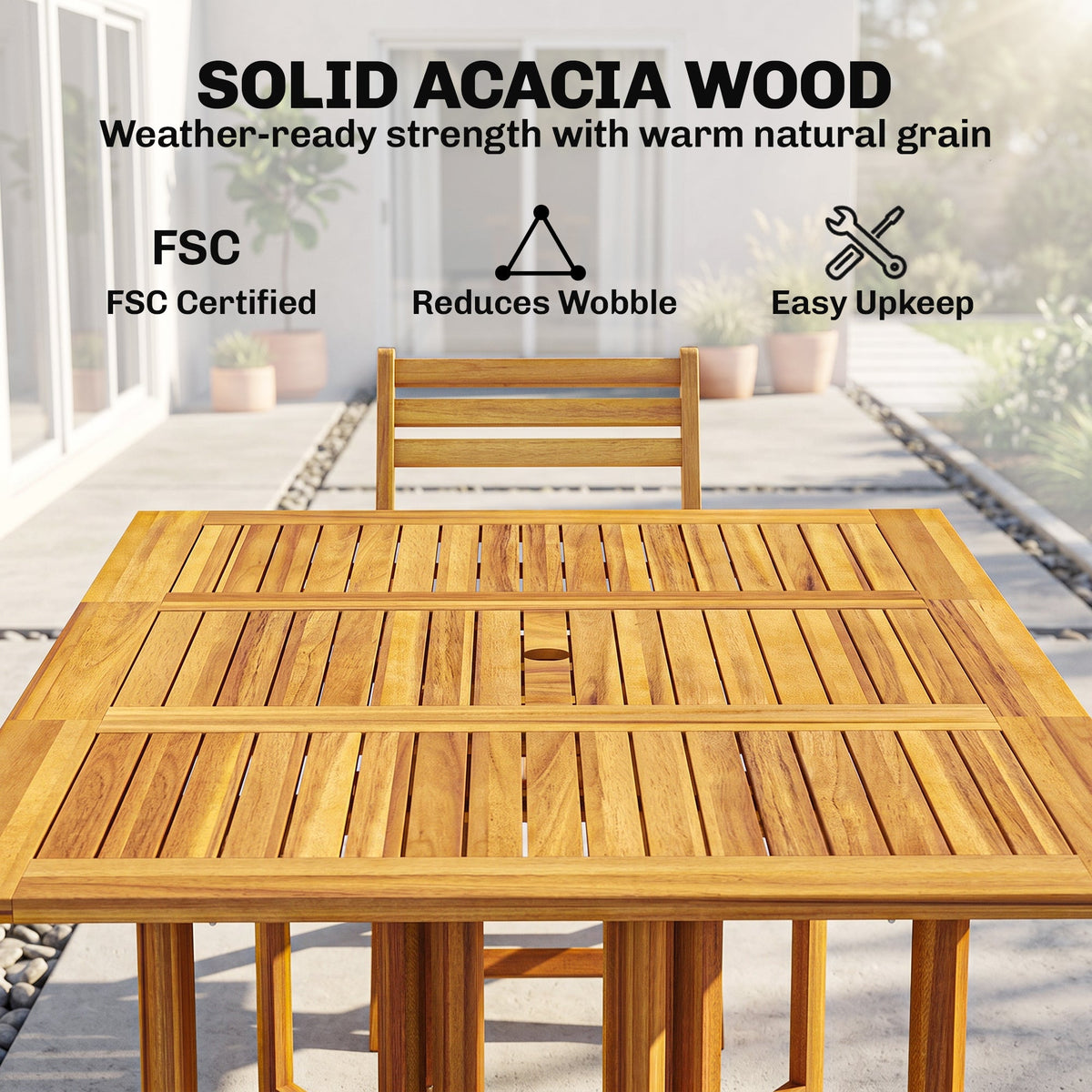 7-Piece Extending Acacia Dining Set with 6 Folding Chairs & Umbrella, Natural