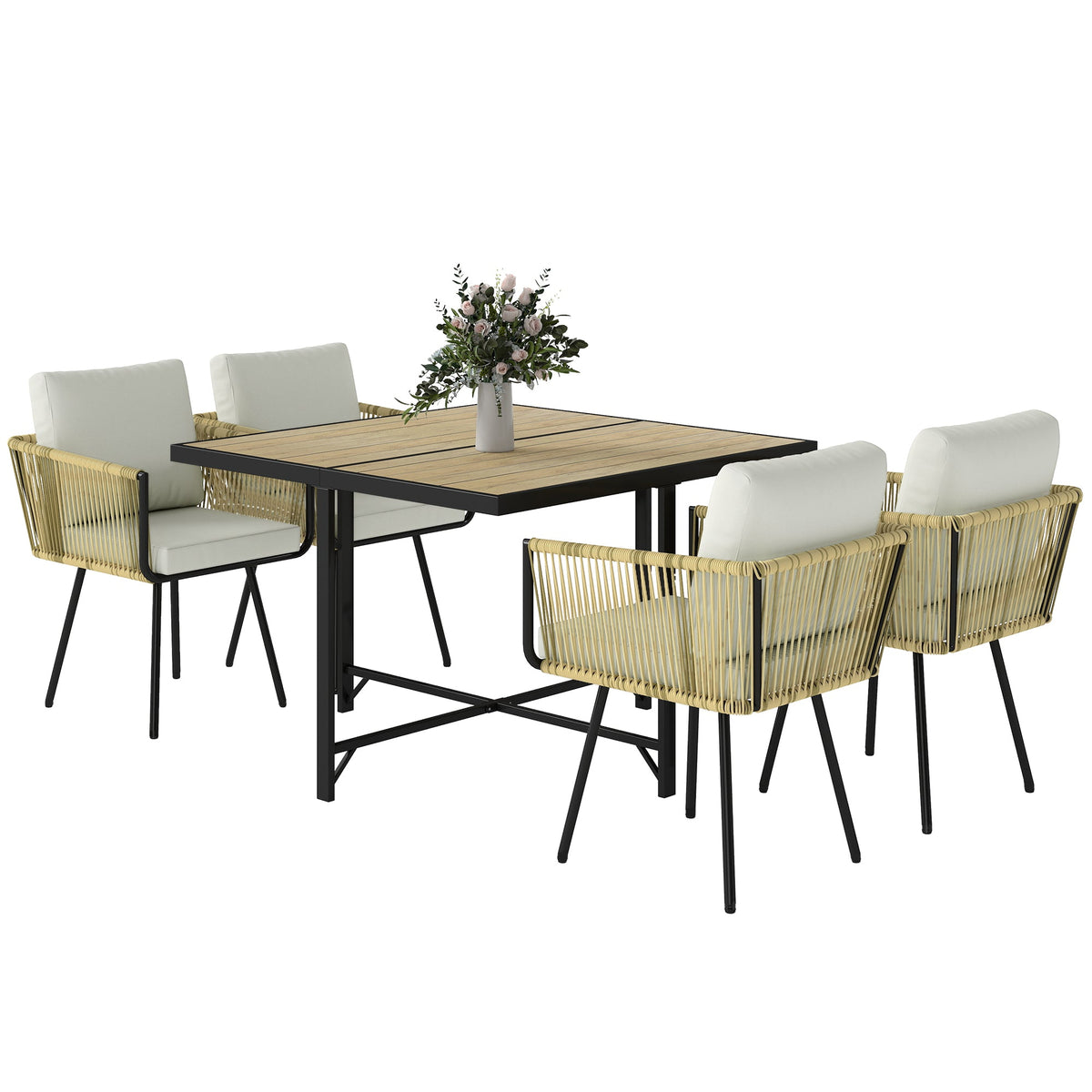 5 Piece Rattan Garden Dining Set with Stackable Chairs, Beige