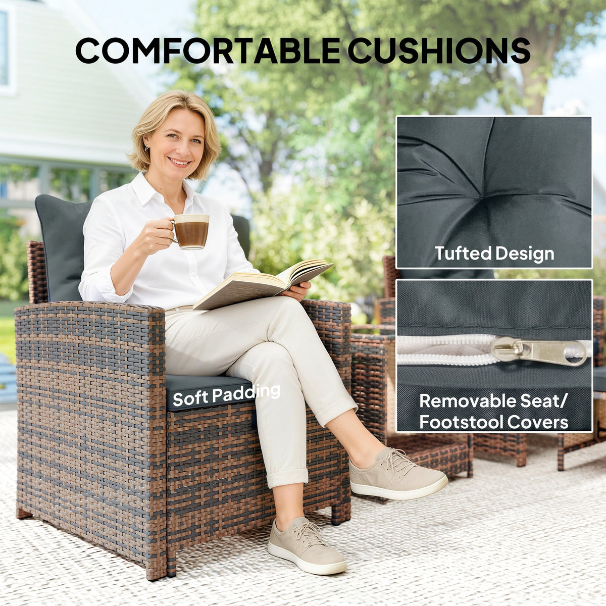 5-Piece Wicker Patio Set with Ottomans and 2-Tier Glass Table, Brown, Dark Grey
