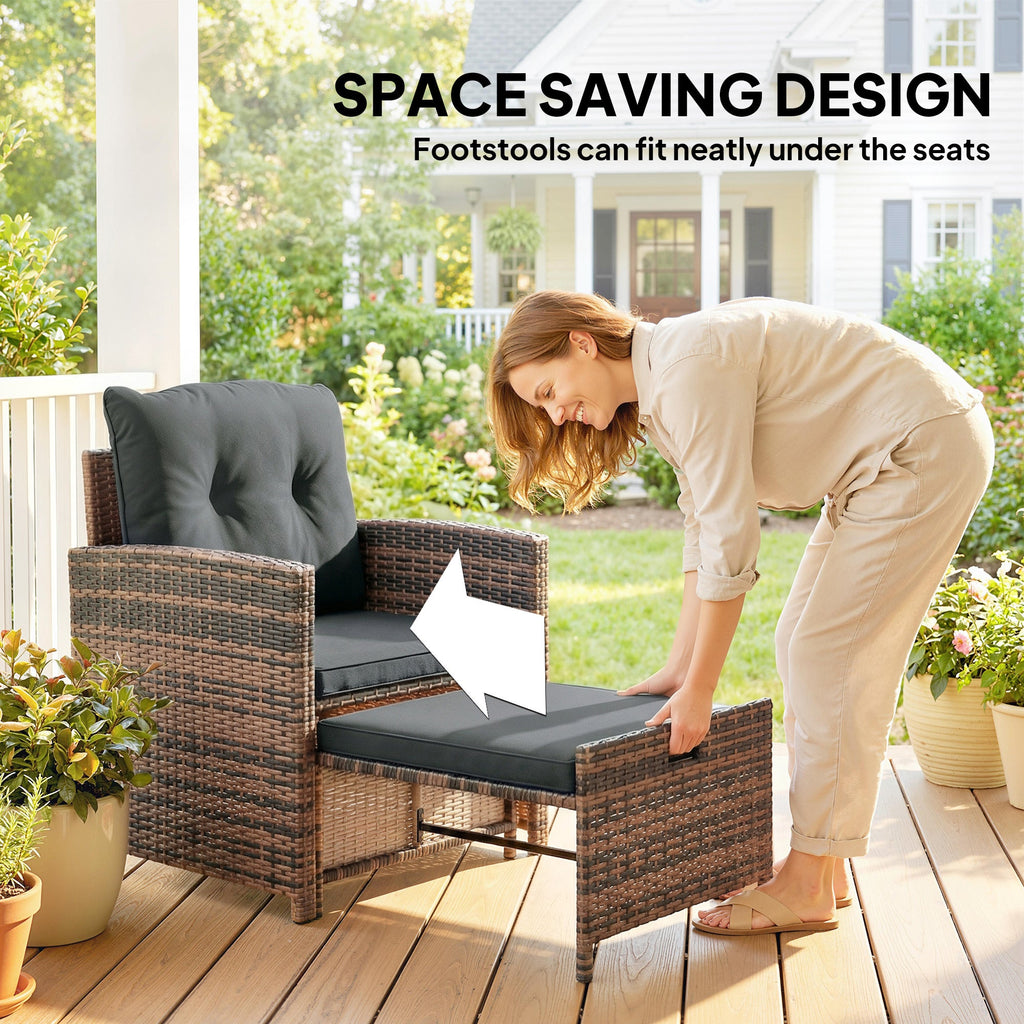 5-Piece Wicker Patio Set with Ottomans and 2-Tier Glass Table, Brown, Dark Grey