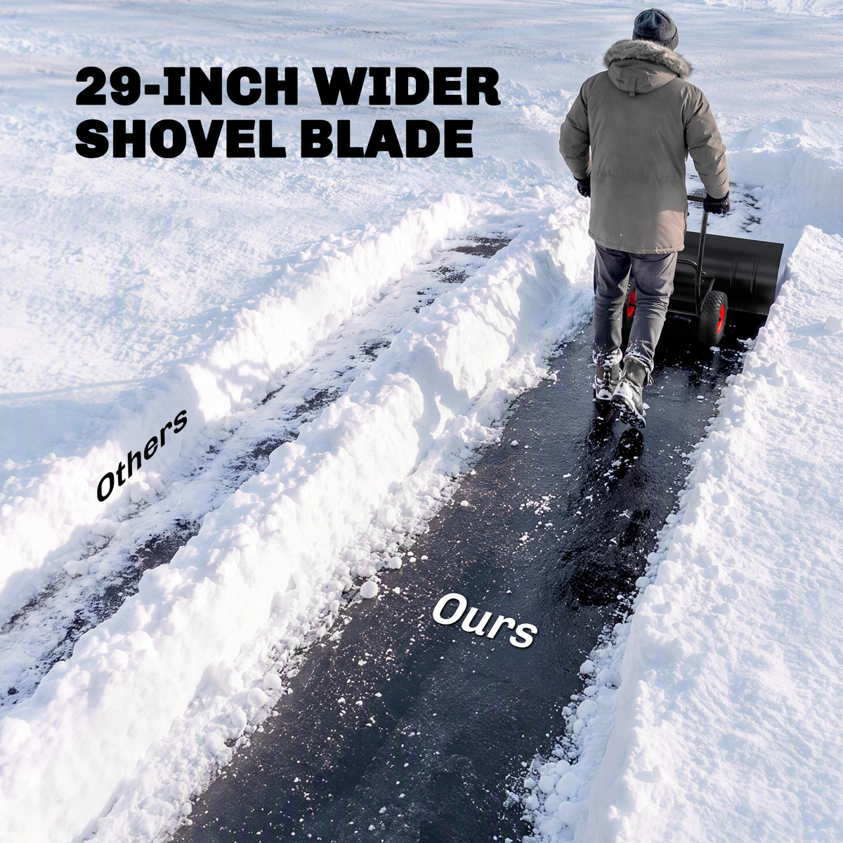 29" x 18" Heavy Duty Metal Snow Pusher with Wheels, 5-Level Adjustable Handle, Black