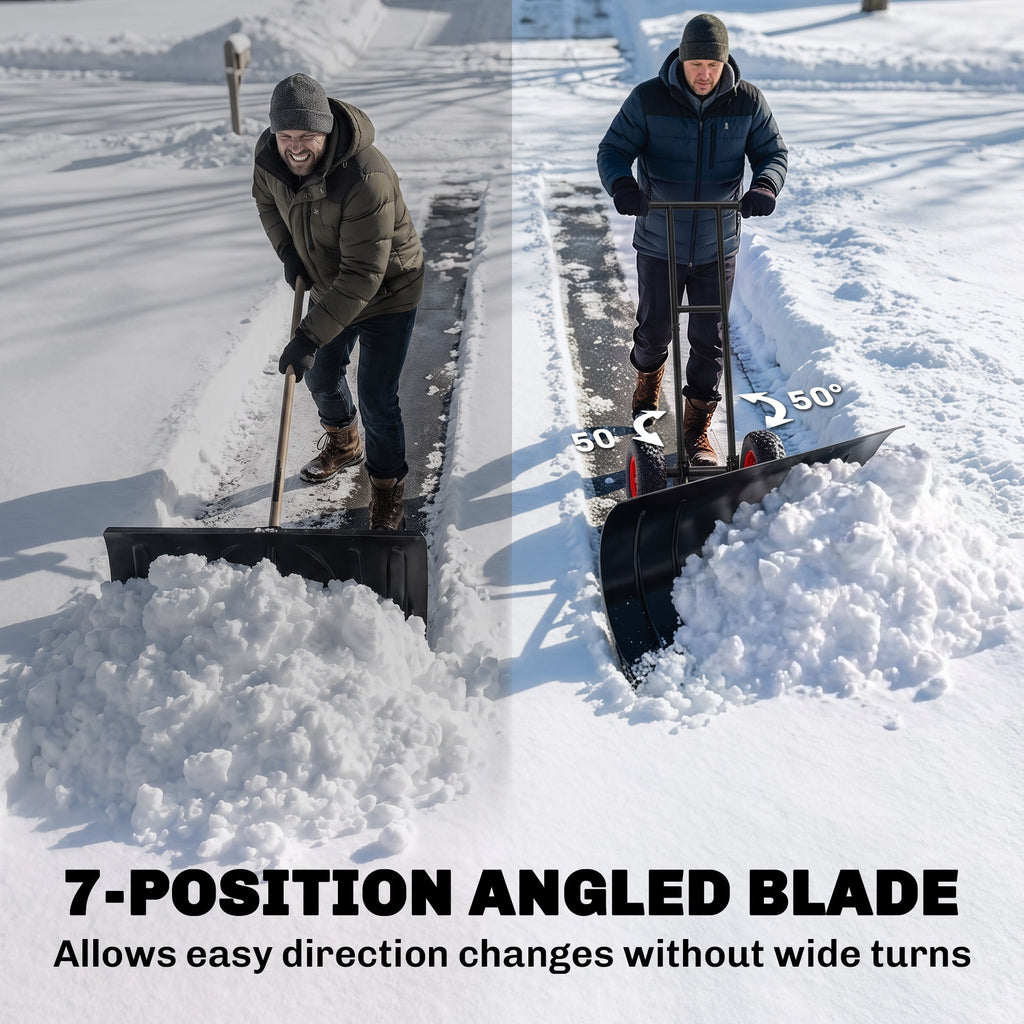 29" x 18" Heavy Duty Metal Snow Pusher with Wheels, 5-Level Adjustable Handle, Black
