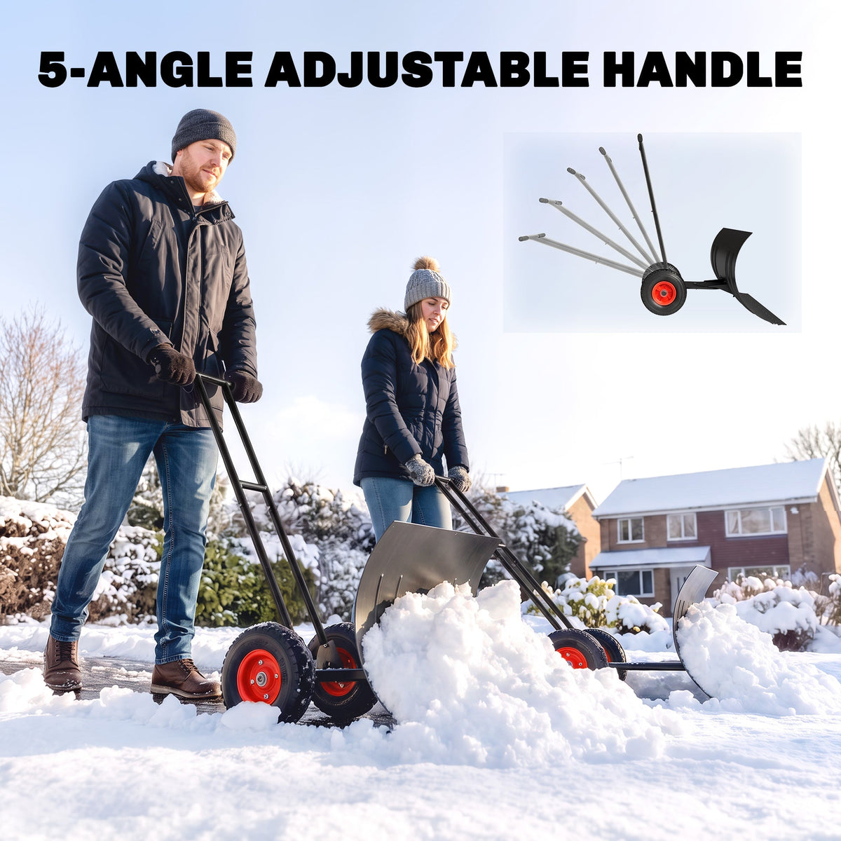 29" x 18" Heavy Duty Metal Snow Pusher with Wheels, 5-Level Adjustable Handle, Black
