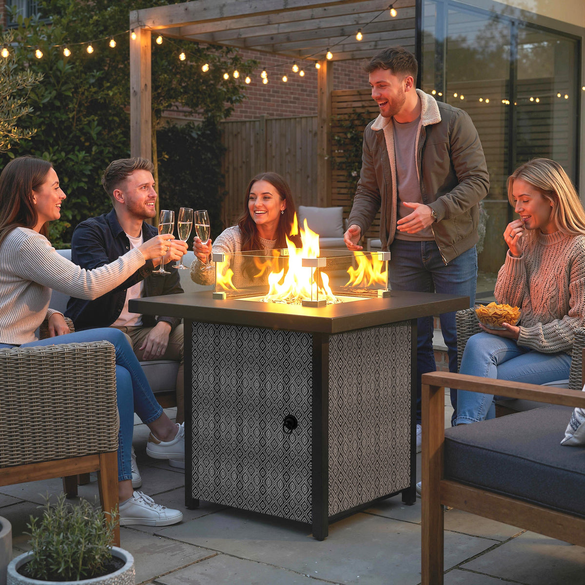 11.7 KW Propane Gas Fire Pit Table with Wind Guard and Lid, Black