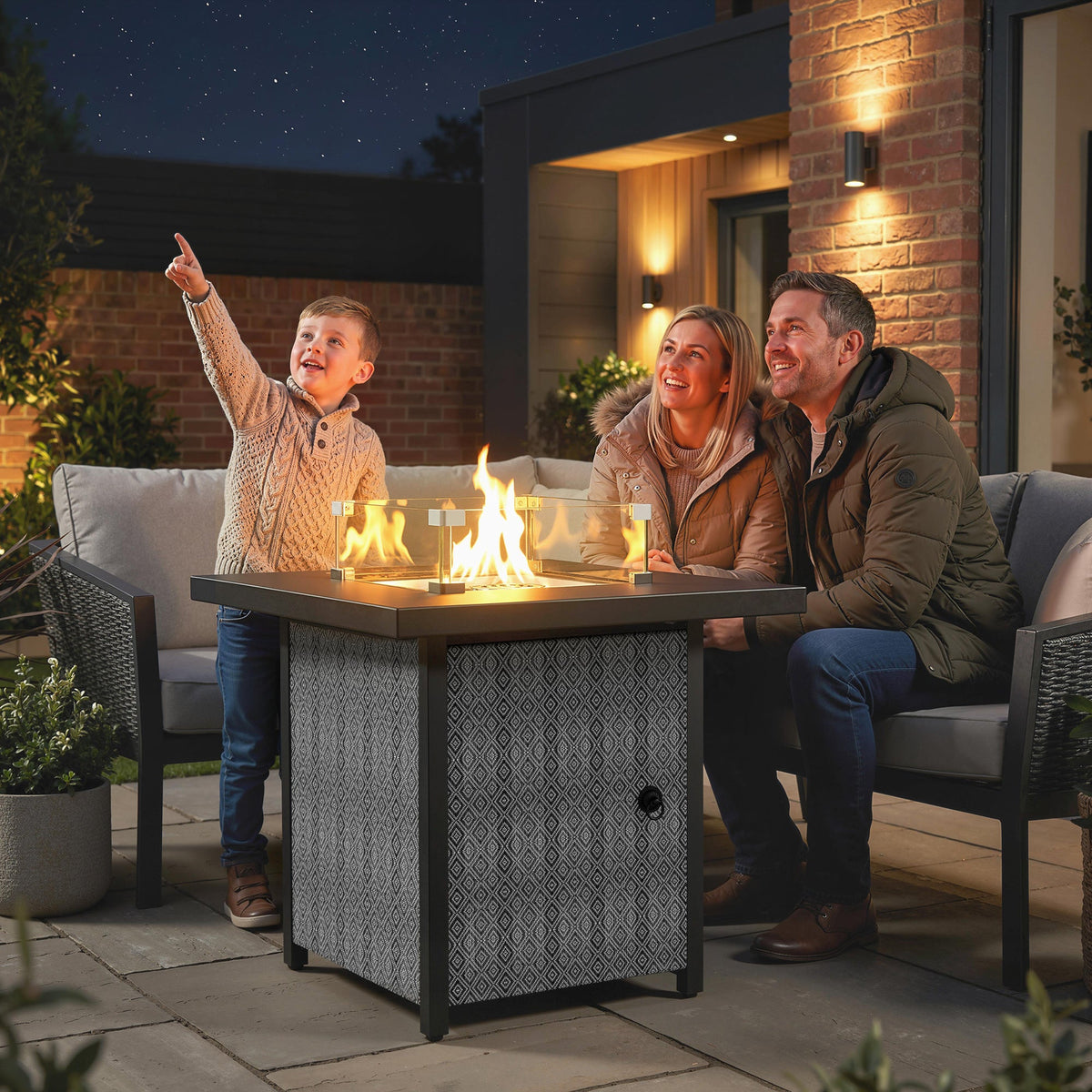 11.7 KW Propane Gas Fire Pit Table with Wind Guard and Lid, Black