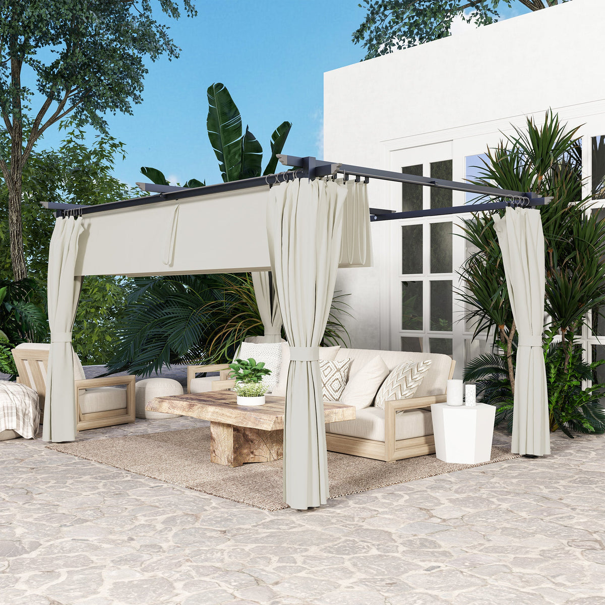 10' x 13' Retractable Pergola Canopy with Curtains, Cream White