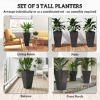 3-Piece 28" Tall Planters with Drainage Holes, Black