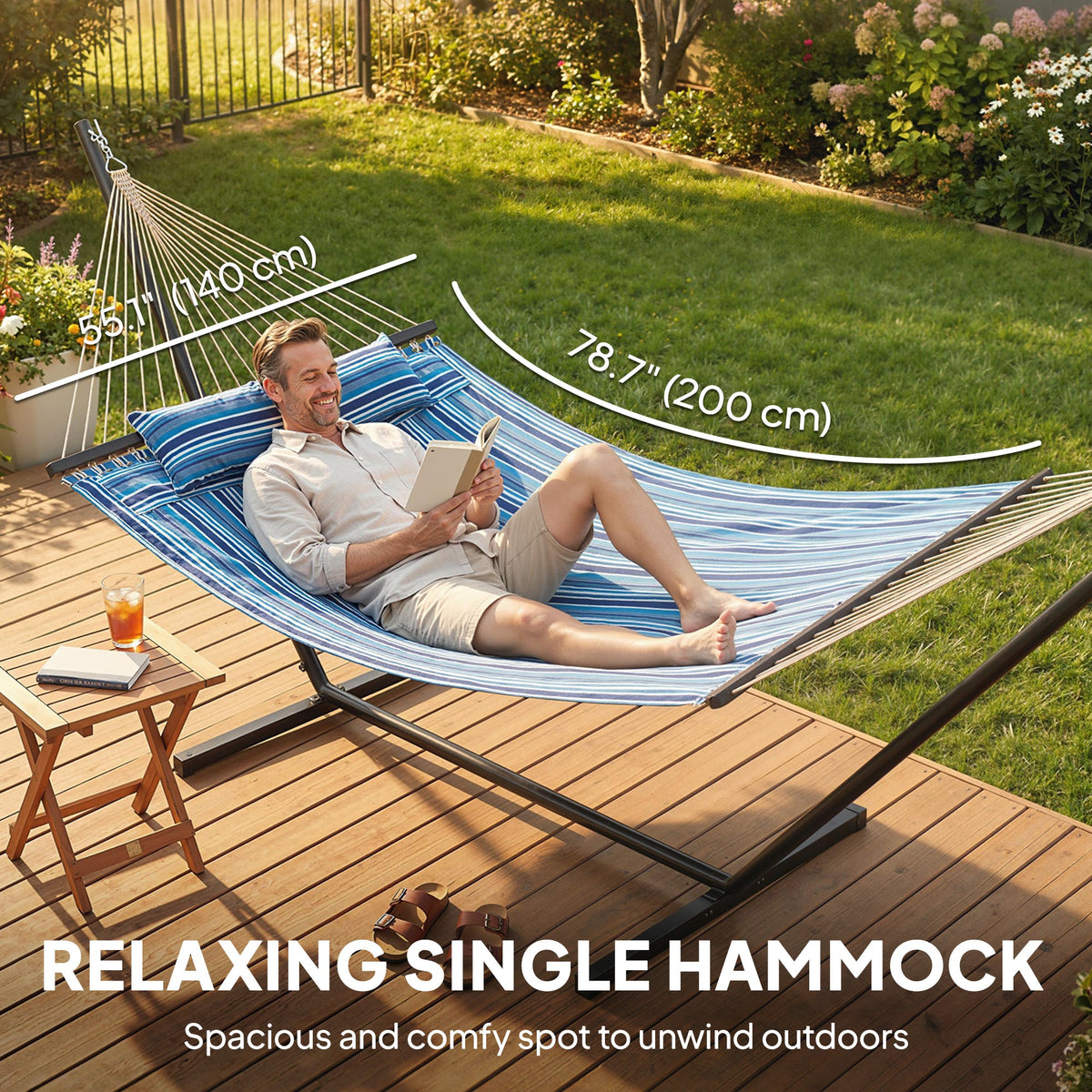 Outdoor Hammock with Stand, Detachable Pillow and Spreader Bars, Blue