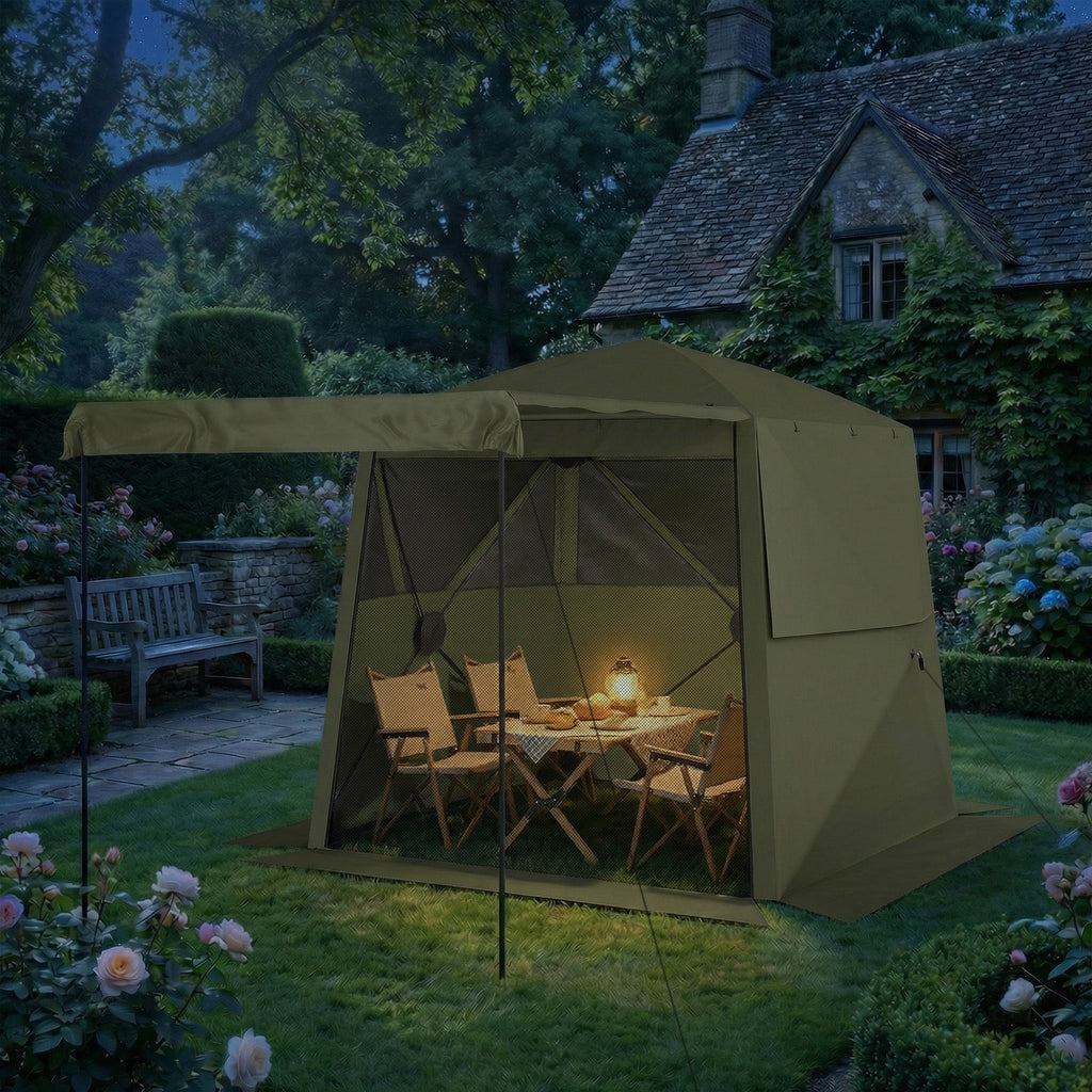 2 x 2 m Pop Up Gazebo with Awning, Sides, Mesh Windows & Carry Bag, Army Green