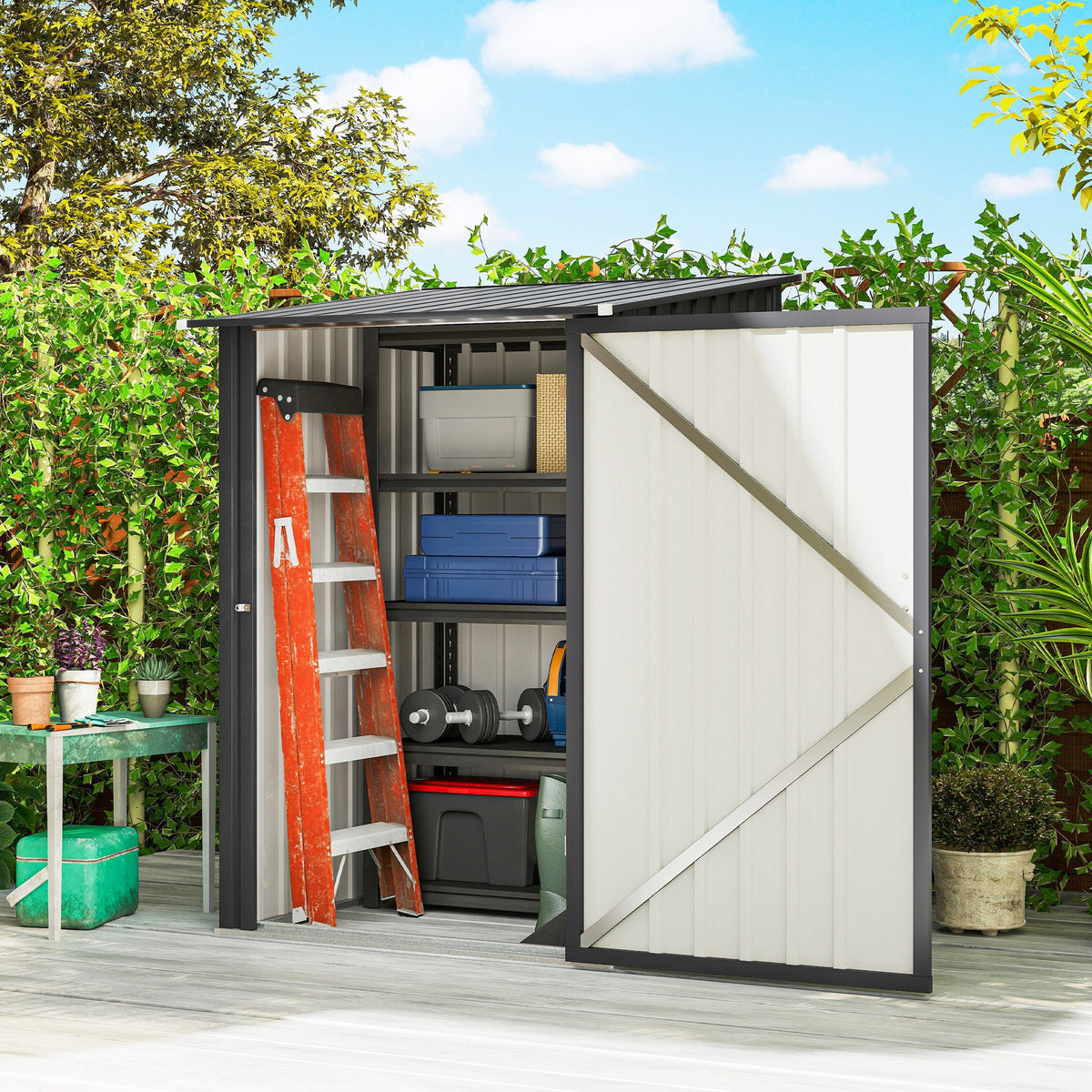 Lean-to Steel Garden Shed 3.3ft x 3.4ft with Lockable Door for Patio or Garden Storage, Dark Grey