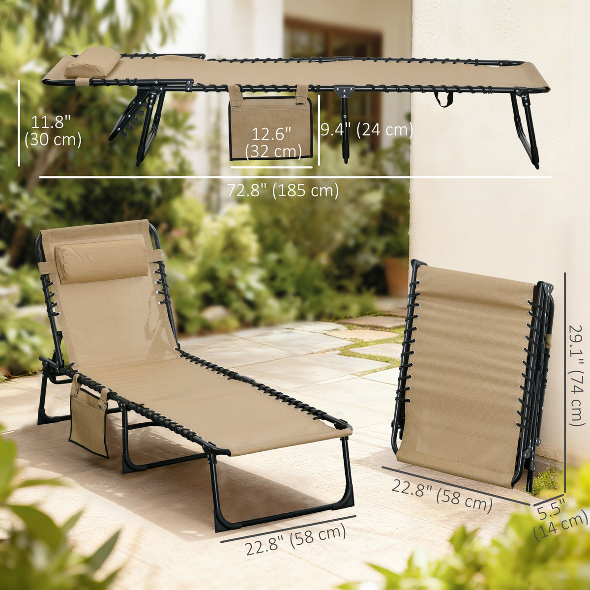 Folding Lounge Chair with Adjustable Backrest and Pillow, Beige