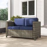 2-Seat Patio Loveseat Wicker Sofa with Cushions, Dark Blue