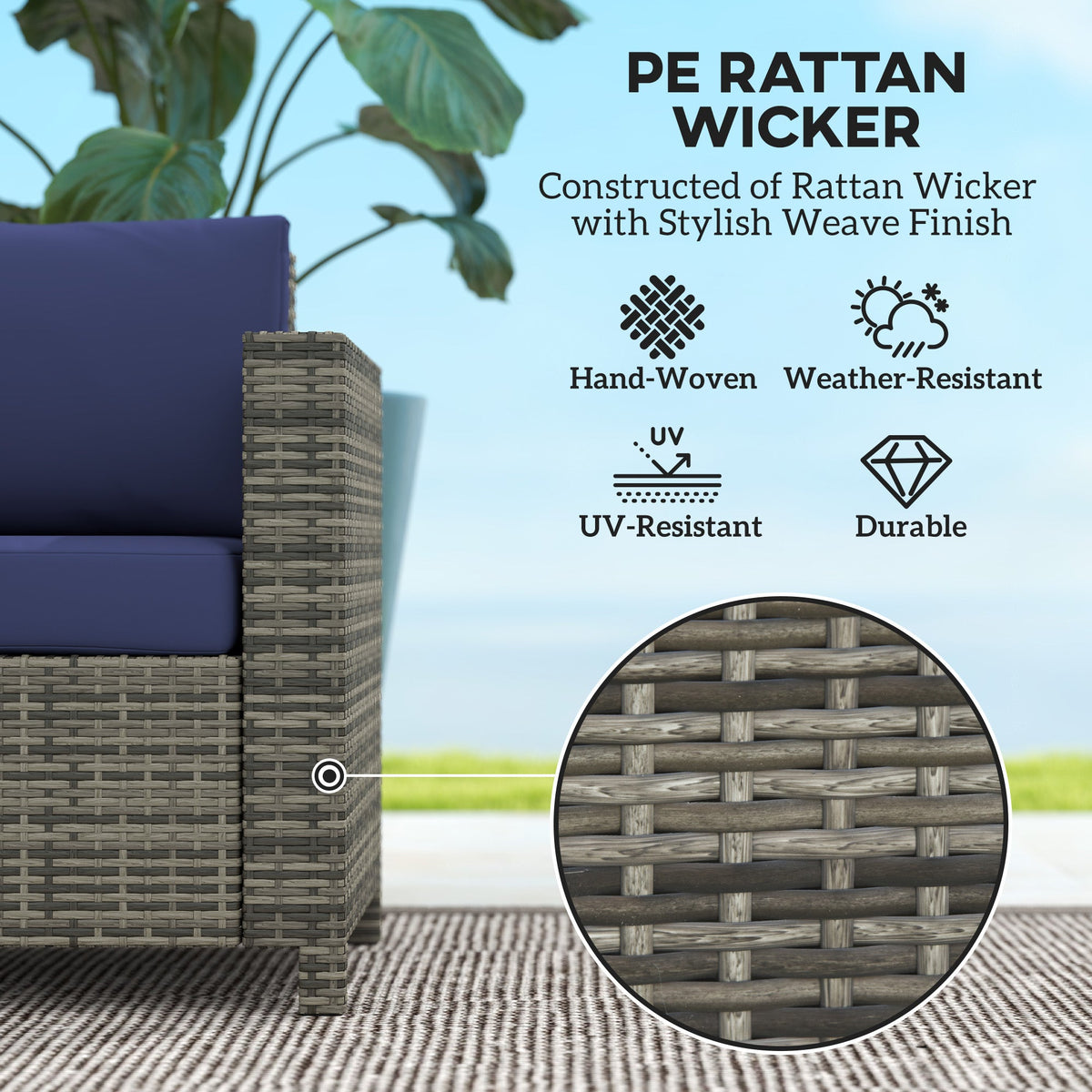 2-Seat Patio Loveseat Wicker Sofa with Cushions, Dark Blue